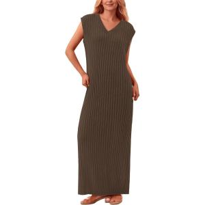 imagePRETTYGARDEN Womens 2025 Summer Casual Maxi Dresses Ribbed Knit Sleeveless V Neck 2 Piece Outfits with Slip Under DressKhaki