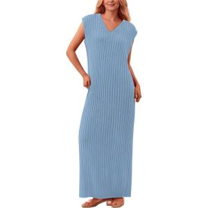 imagePRETTYGARDEN Womens 2025 Summer Casual Maxi Dresses Ribbed Knit Sleeveless V Neck 2 Piece Outfits with Slip Under DressLight Blue