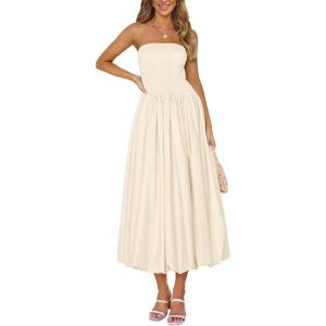 imagePRETTYGARDEN Womens 2025 Summer Strapless Tube Midi Dress Smocked A Line Bubble Long Flowy Casual Elegant Party DressesBeige
