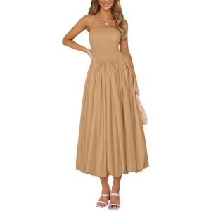 imagePRETTYGARDEN Womens 2025 Summer Strapless Tube Midi Dress Smocked A Line Bubble Long Flowy Casual Elegant Party DressesKhaki