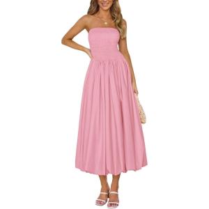 imagePRETTYGARDEN Womens 2025 Summer Strapless Tube Midi Dress Smocked A Line Bubble Long Flowy Casual Elegant Party DressesPink