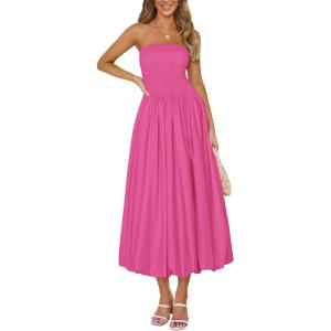 imagePRETTYGARDEN Womens 2025 Summer Strapless Tube Midi Dress Smocked A Line Bubble Long Flowy Casual Elegant Party DressesRose Red