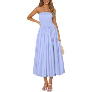 imagePRETTYGARDEN Womens 2025 Summer Strapless Tube Midi Dress Smocked A Line Bubble Long Flowy Casual Elegant Party DressesSky Blue