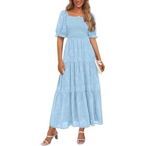imagePRETTYGARDEN Womens Summer Casual Midi Dresses Square Neck Short Sleeve Smocked A Line Floral Flowy Elegant Boho DressLight Blue