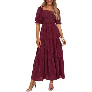 imagePRETTYGARDEN Womens Summer Casual Midi Dresses Square Neck Short Sleeve Smocked A Line Floral Flowy Elegant Boho DressWine Red