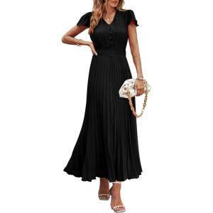 imagePRETTYGARDEN Womens Summer Maxi Dresses 2025 Trendy Casual Button V Neck Ruffle Cap Sleeve Long Flowy Pleated DressBlack