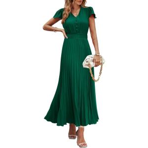 imagePRETTYGARDEN Womens Summer Maxi Dresses 2025 Trendy Casual Button V Neck Ruffle Cap Sleeve Long Flowy Pleated DressDark Green