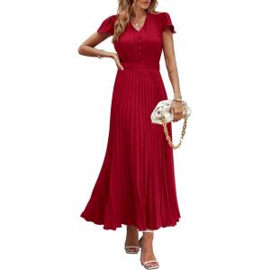 imagePRETTYGARDEN Womens Summer Maxi Dresses 2025 Trendy Casual Button V Neck Ruffle Cap Sleeve Long Flowy Pleated DressJujube Red