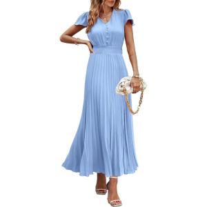 imagePRETTYGARDEN Womens Summer Maxi Dresses 2025 Trendy Casual Button V Neck Ruffle Cap Sleeve Long Flowy Pleated DressLight Blue