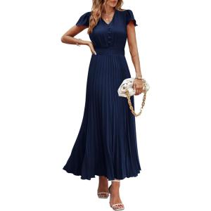 imagePRETTYGARDEN Womens Summer Maxi Dresses 2025 Trendy Casual Button V Neck Ruffle Cap Sleeve Long Flowy Pleated DressNavy