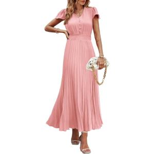 imagePRETTYGARDEN Womens Summer Maxi Dresses 2025 Trendy Casual Button V Neck Ruffle Cap Sleeve Long Flowy Pleated DressPink