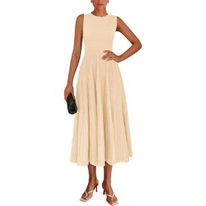 imagePRETTYGARDEN Womens Summer Midi Dresses 2025 Sleeveless Crewneck Knit A Line Pleated Swing Wedding Guest Casual Tank DressApricot