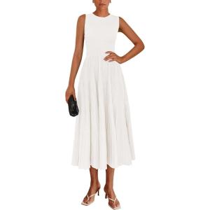 imagePRETTYGARDEN Womens Summer Midi Dresses 2025 Sleeveless Crewneck Knit A Line Pleated Swing Wedding Guest Casual Tank DressBeige White