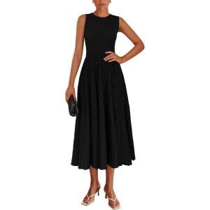 imagePRETTYGARDEN Womens Summer Midi Dresses 2025 Sleeveless Crewneck Knit A Line Pleated Swing Wedding Guest Casual Tank DressBlack