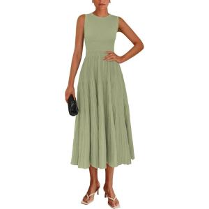 imagePRETTYGARDEN Womens Summer Midi Dresses 2025 Sleeveless Crewneck Knit A Line Pleated Swing Wedding Guest Casual Tank DressMist Green