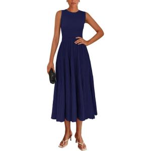 imagePRETTYGARDEN Womens Summer Midi Dresses 2025 Sleeveless Crewneck Knit A Line Pleated Swing Wedding Guest Casual Tank DressNavy