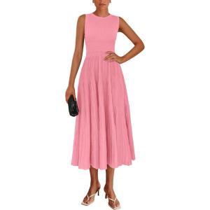 imagePRETTYGARDEN Womens Summer Midi Dresses 2025 Sleeveless Crewneck Knit A Line Pleated Swing Wedding Guest Casual Tank DressPink