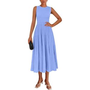 imagePRETTYGARDEN Womens Summer Midi Dresses 2025 Sleeveless Crewneck Knit A Line Pleated Swing Wedding Guest Casual Tank DressSky Blue