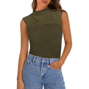 imagePRETTYGARDEN Womens Summer Sheer Mesh Tank Tops 2025 Trendy Casual Sleeveless Mock Neck Ruched Slim Fitted Going Out ShirtsArmy Green