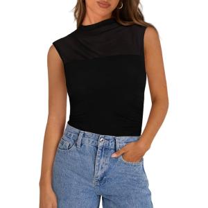 imagePRETTYGARDEN Womens Summer Sheer Mesh Tank Tops 2025 Trendy Casual Sleeveless Mock Neck Ruched Slim Fitted Going Out ShirtsBlack