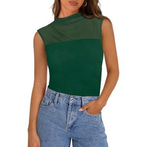 imagePRETTYGARDEN Womens Summer Sheer Mesh Tank Tops 2025 Trendy Casual Sleeveless Mock Neck Ruched Slim Fitted Going Out ShirtsDark Green