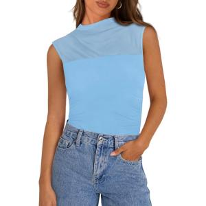 imagePRETTYGARDEN Womens Summer Sheer Mesh Tank Tops 2025 Trendy Casual Sleeveless Mock Neck Ruched Slim Fitted Going Out ShirtsLight Blue
