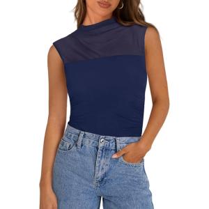imagePRETTYGARDEN Womens Summer Sheer Mesh Tank Tops 2025 Trendy Casual Sleeveless Mock Neck Ruched Slim Fitted Going Out ShirtsNavy