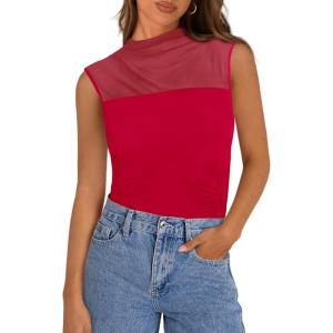 imagePRETTYGARDEN Womens Summer Sheer Mesh Tank Tops 2025 Trendy Casual Sleeveless Mock Neck Ruched Slim Fitted Going Out ShirtsRed