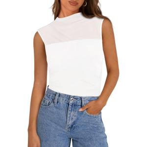 imagePRETTYGARDEN Womens Summer Sheer Mesh Tank Tops 2025 Trendy Casual Sleeveless Mock Neck Ruched Slim Fitted Going Out ShirtsWhite