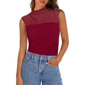 imagePRETTYGARDEN Womens Summer Sheer Mesh Tank Tops 2025 Trendy Casual Sleeveless Mock Neck Ruched Slim Fitted Going Out ShirtsWine Red