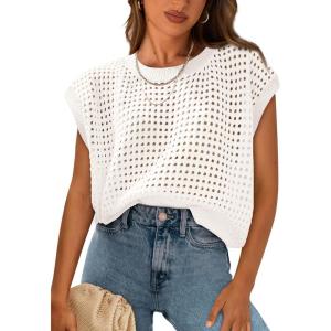 imagePRETTYGARDEN Womens Summer Tops 2025 Spring Sweater Pullover Crochet Hollow Out Cap Sleeve Crew Neck Knit Beach Cover UpsBeige White
