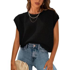 imagePRETTYGARDEN Womens Summer Tops 2025 Spring Sweater Pullover Crochet Hollow Out Cap Sleeve Crew Neck Knit Beach Cover UpsBlack