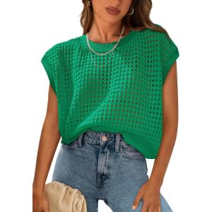 imagePRETTYGARDEN Womens Summer Tops 2025 Spring Sweater Pullover Crochet Hollow Out Cap Sleeve Crew Neck Knit Beach Cover UpsGreen