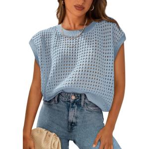 imagePRETTYGARDEN Womens Summer Tops 2025 Spring Sweater Pullover Crochet Hollow Out Cap Sleeve Crew Neck Knit Beach Cover UpsLight Blue