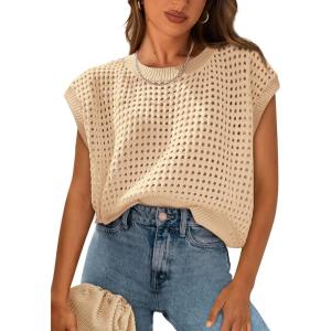 imagePRETTYGARDEN Womens Summer Tops 2025 Spring Sweater Pullover Crochet Hollow Out Cap Sleeve Crew Neck Knit Beach Cover UpsLight Khaki