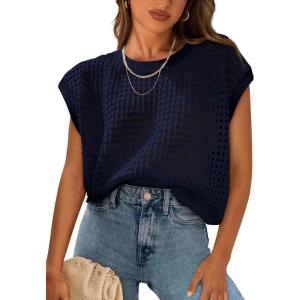 imagePRETTYGARDEN Womens Summer Tops 2025 Spring Sweater Pullover Crochet Hollow Out Cap Sleeve Crew Neck Knit Beach Cover UpsNavy