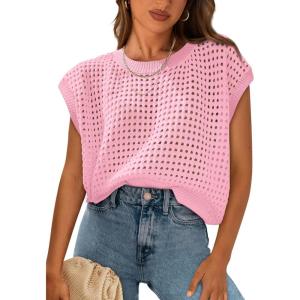 imagePRETTYGARDEN Womens Summer Tops 2025 Spring Sweater Pullover Crochet Hollow Out Cap Sleeve Crew Neck Knit Beach Cover UpsPink