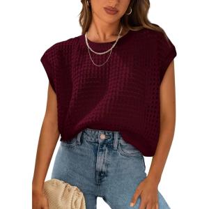 imagePRETTYGARDEN Womens Summer Tops 2025 Spring Sweater Pullover Crochet Hollow Out Cap Sleeve Crew Neck Knit Beach Cover UpsWine Red