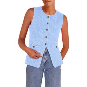 imagePRETTYGARDEN Womens Sweater Vests 2025 Spring Summer Trendy Sleeveless Tank Tops Knit Button Down Cardigan WaistcoatLight Blue
