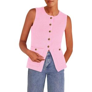 imagePRETTYGARDEN Womens Sweater Vests 2025 Spring Summer Trendy Sleeveless Tank Tops Knit Button Down Cardigan WaistcoatLight Pink