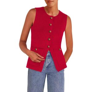 imagePRETTYGARDEN Womens Sweater Vests 2025 Spring Summer Trendy Sleeveless Tank Tops Knit Button Down Cardigan WaistcoatRed