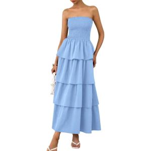 imagePRETTYGARDEN Womens Maxi Dress 2025 Summer Off Shoulder Smocked Tiered Ruffle Long Flowy Dresses Casual Beach SundressBlue