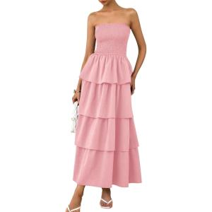 imagePRETTYGARDEN Womens Maxi Dress 2025 Summer Off Shoulder Smocked Tiered Ruffle Long Flowy Dresses Casual Beach SundressPink