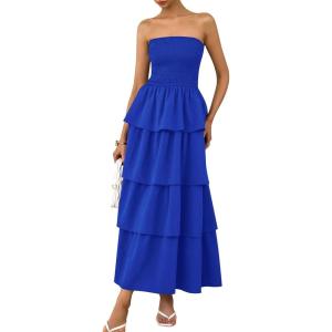 imagePRETTYGARDEN Womens Maxi Dress 2025 Summer Off Shoulder Smocked Tiered Ruffle Long Flowy Dresses Casual Beach SundressRoyal Blue