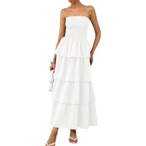 imagePRETTYGARDEN Womens Maxi Dress 2025 Summer Off Shoulder Smocked Tiered Ruffle Long Flowy Dresses Casual Beach SundressWhite