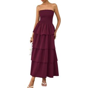 imagePRETTYGARDEN Womens Maxi Dress 2025 Summer Off Shoulder Smocked Tiered Ruffle Long Flowy Dresses Casual Beach SundressWine Red
