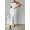 imagePRETTYGARDEN Womens Summer Maxi Bodycon Dresses Strapless Tube Top Printed Long Party Club Slit DressSolid White