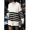 imagePRETTYGARDEN Womens Oversized Striped Sweaters Fall Casual Long Sleeve Turtleneck Pullover Chunky Knit Jumper TopsBeige White
