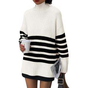imagePRETTYGARDEN Womens Oversized Striped Sweaters Fall Casual Long Sleeve Turtleneck Pullover Chunky Knit Jumper TopsBeige White