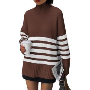 imagePRETTYGARDEN Womens Oversized Striped Sweaters Fall Casual Long Sleeve Turtleneck Pullover Chunky Knit Jumper TopsCoffee
